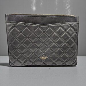 Kate Spade Natalia Large Zip Pouch Black Quilted Leather Front Pocket EUC